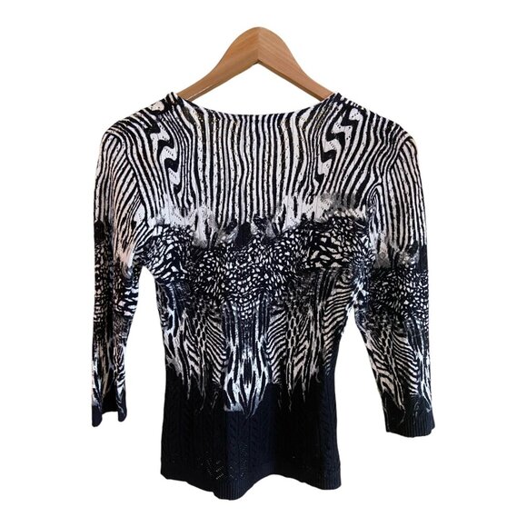 Mona Leah Couture Womens Sweater Small Black White Zebra 3/4 Sleeve VNeck Career - Picture 3 of 11